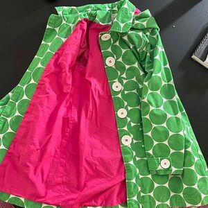 Mini Boden Green Polka Dot Raincoat with Pink Lining